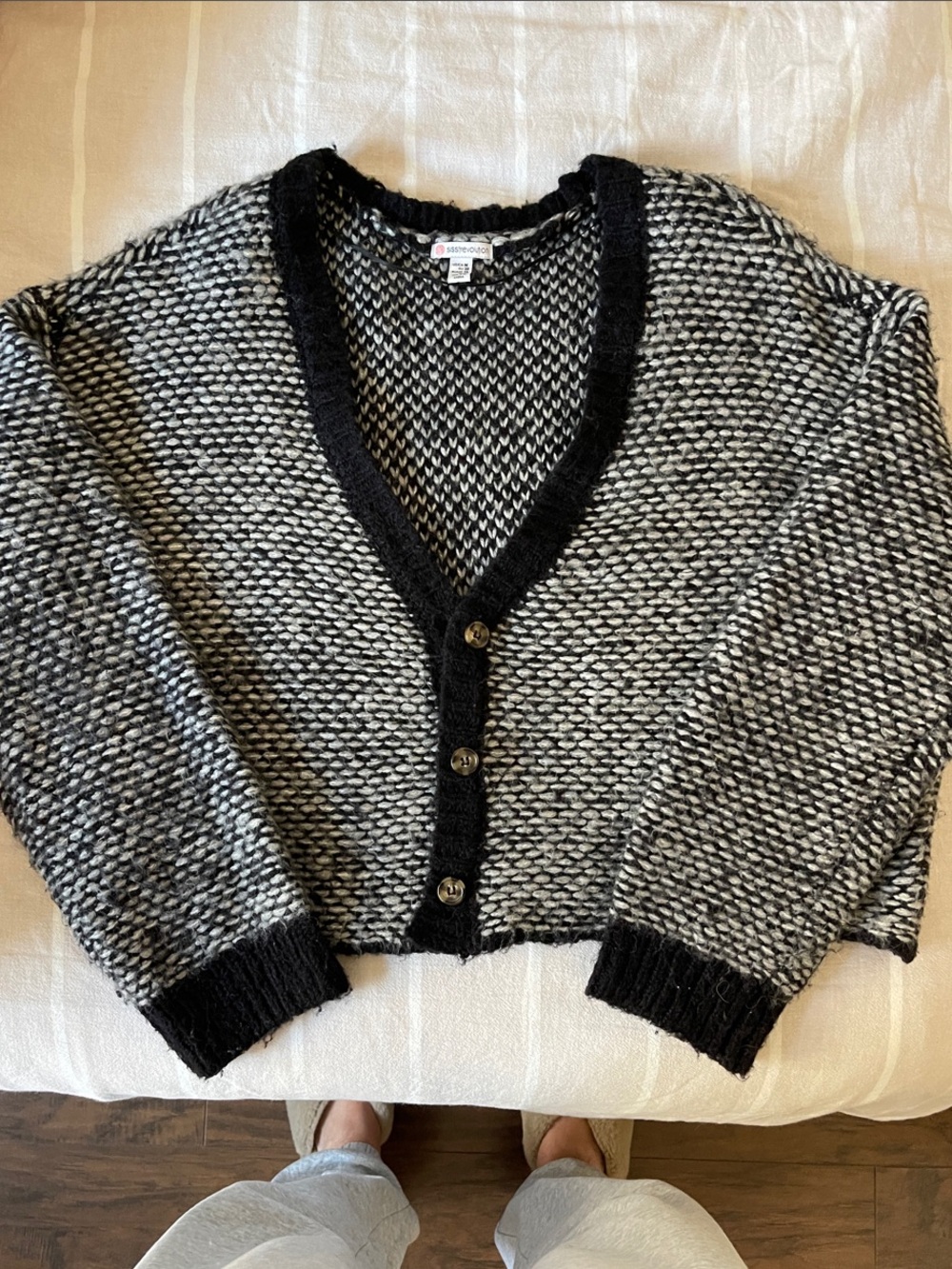 Black & White Marled V-Neck Button Cardigan